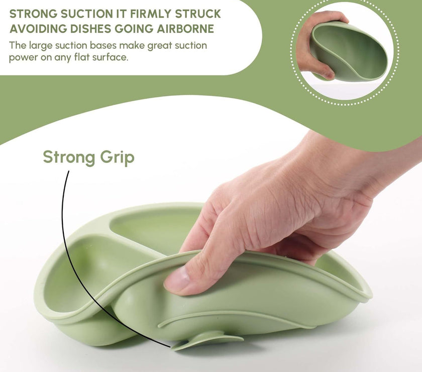 SiIicone Baby Feeding Set With Suction, 10 Pcs Baby Led Weaning Supplies With Suction Bowl Divided Plate Adjustable Soft Bib Spoon Fork Snack Cup With Lid And Other Utensils, Green