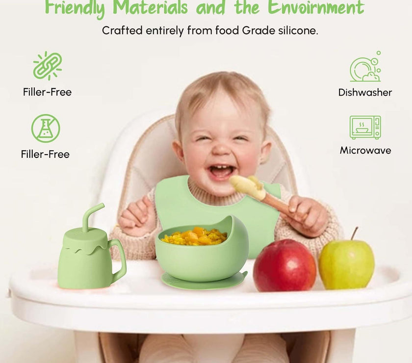 SiIicone Baby Feeding Set With Suction, 10 Pcs Baby Led Weaning Supplies With Suction Bowl Divided Plate Adjustable Soft Bib Spoon Fork Snack Cup With Lid And Other Utensils, Green