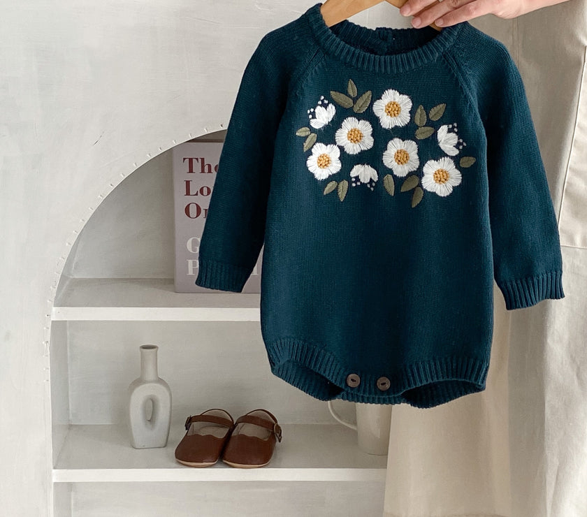 Baby Girl's Dark Green Embroidered Long Sleeve Baby Bodysuit Triangle Rompers