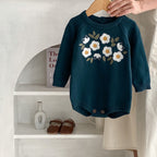 Baby Girl's Dark Green Embroidered Long Sleeve Baby Bodysuit Triangle Rompers