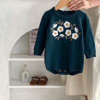 Baby Girl's Dark Green Embroidered Long Sleeve Baby Bodysuit Triangle Rompers