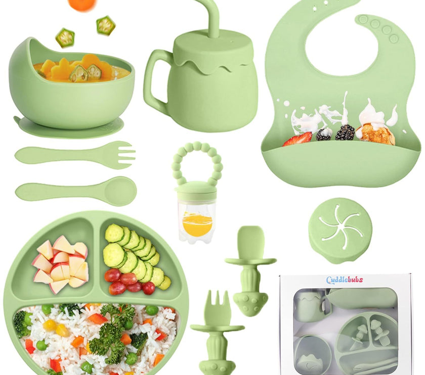 SiIicone Baby Feeding Set With Suction, 10 Pcs Baby Led Weaning Supplies With Suction Bowl Divided Plate Adjustable Soft Bib Spoon Fork Snack Cup With Lid And Other Utensils, Green