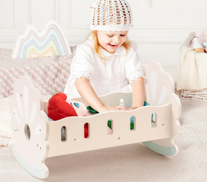 ROBOTIME Baby Doll Crib, Baby Doll Bed, Doll Rocking Cradle Baby Doll Accessories Furniture With Bedding For 18 Inch Dolls