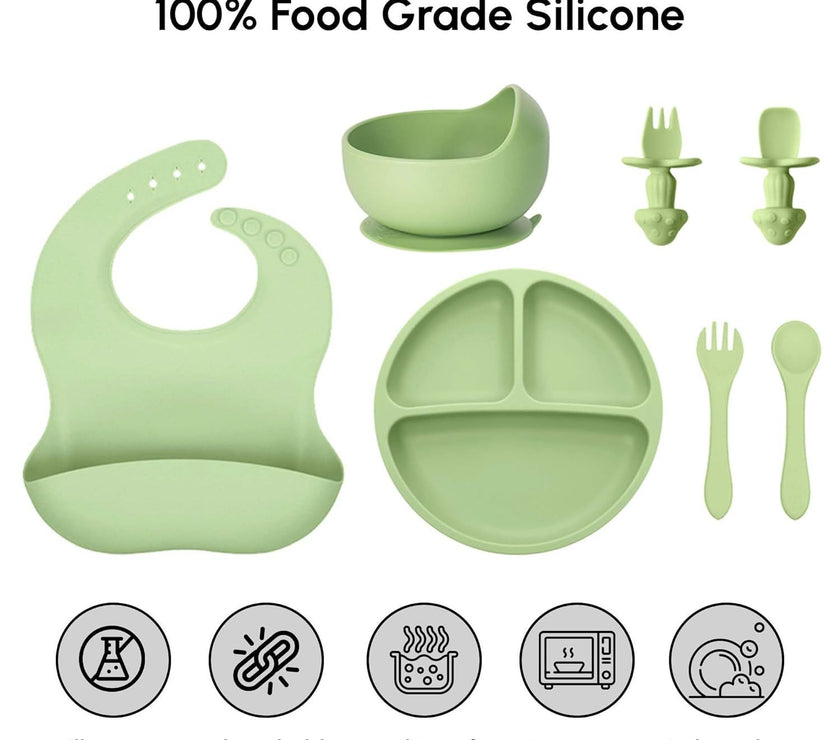 SiIicone Baby Feeding Set With Suction, 10 Pcs Baby Led Weaning Supplies With Suction Bowl Divided Plate Adjustable Soft Bib Spoon Fork Snack Cup With Lid And Other Utensils, Green