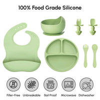 SiIicone Baby Feeding Set With Suction, 10 Pcs Baby Led Weaning Supplies With Suction Bowl Divided Plate Adjustable Soft Bib Spoon Fork Snack Cup With Lid And Other Utensils, Green