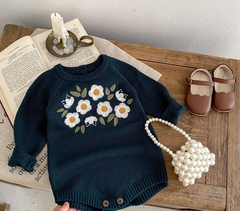 Baby Girl's Dark Green Embroidered Long Sleeve Baby Bodysuit Triangle Rompers