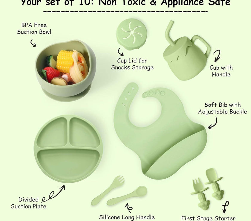 SiIicone Baby Feeding Set With Suction, 10 Pcs Baby Led Weaning Supplies With Suction Bowl Divided Plate Adjustable Soft Bib Spoon Fork Snack Cup With Lid And Other Utensils, Green