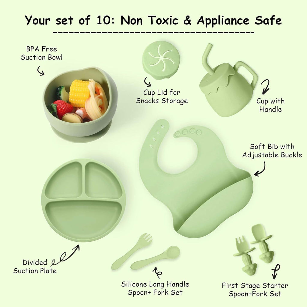 SiIicone Baby Feeding Set With Suction, 10 Pcs Baby Led Weaning Supplies With Suction Bowl Divided Plate Adjustable Soft Bib Spoon Fork Snack Cup With Lid And Other Utensils, Green