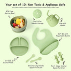SiIicone Baby Feeding Set With Suction, 10 Pcs Baby Led Weaning Supplies With Suction Bowl Divided Plate Adjustable Soft Bib Spoon Fork Snack Cup With Lid And Other Utensils, Green