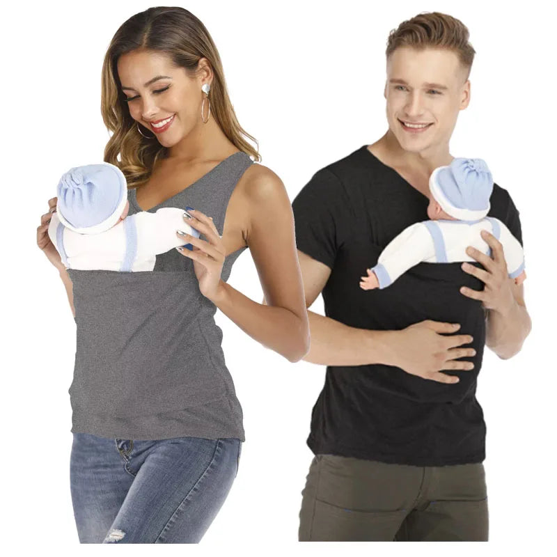 Mother Kangaroo Pocket T-Shirt Baby Carrier Father Safety High Quality Feeding Nylon Cotton T Shirt Summer Pregnancy Clothes