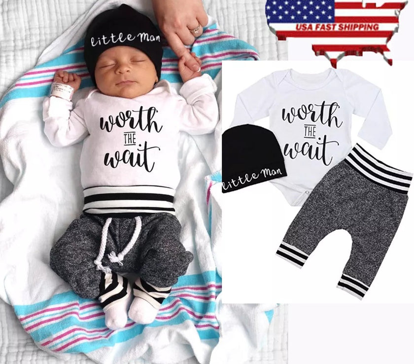 US Newborn Baby Boy Girl Tops Romper Bodysuit Jumpsuit Pants Outfits Clothes Set