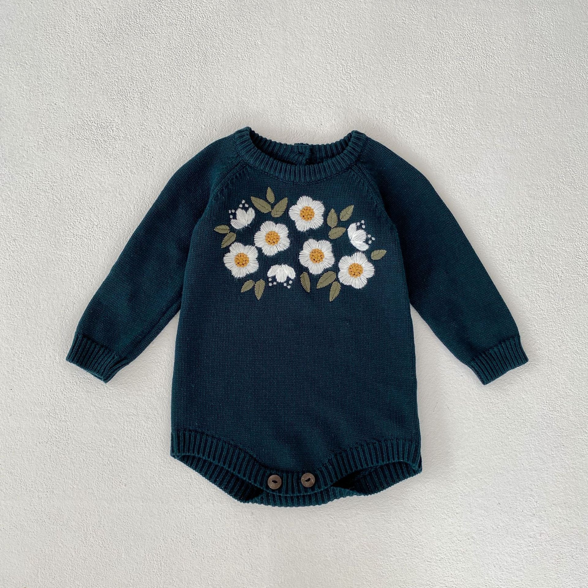Baby Girl's Dark Green Embroidered Long Sleeve Baby Bodysuit Triangle Rompers