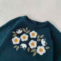 Baby Girl's Dark Green Embroidered Long Sleeve Baby Bodysuit Triangle Rompers