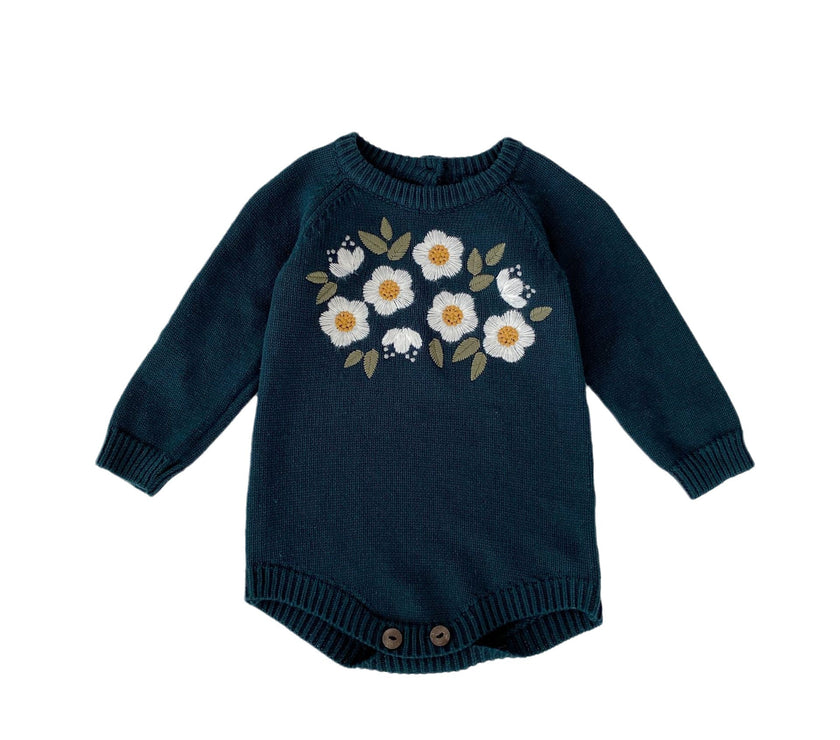 Baby Girl's Dark Green Embroidered Long Sleeve Baby Bodysuit Triangle Rompers