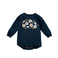 Baby Girl's Dark Green Embroidered Long Sleeve Baby Bodysuit Triangle Rompers