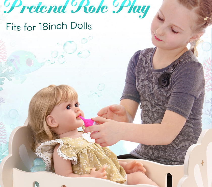 ROBOTIME Baby Doll Crib, Baby Doll Bed, Doll Rocking Cradle Baby Doll Accessories Furniture With Bedding For 18 Inch Dolls
