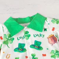 Newborn Baby Boy St. Patrick's Day Clothes Short Sleeve Clover Print Romper & Suspenders Pant 2Pcs Casual Clothes Set