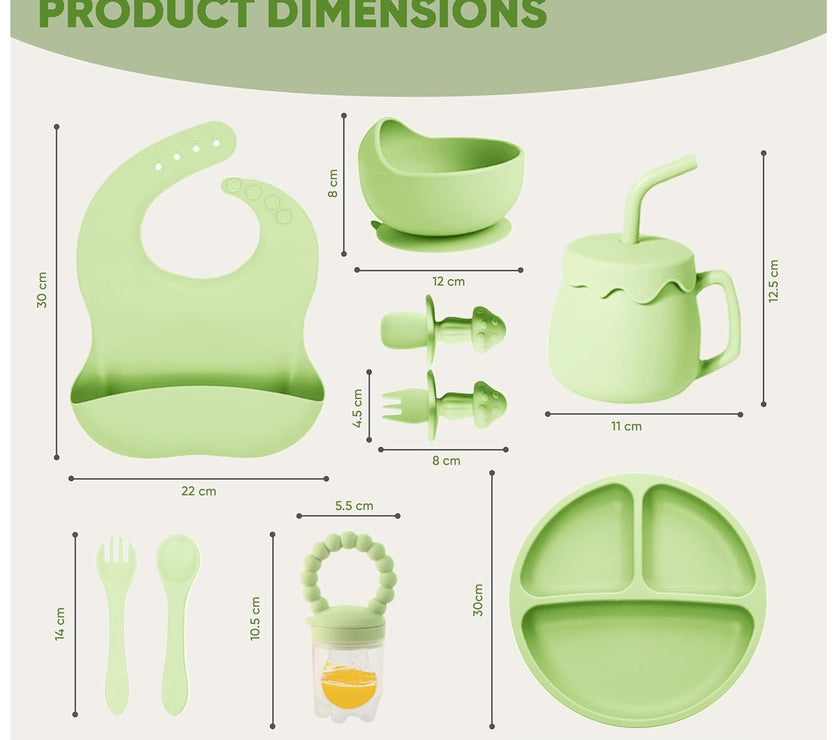 SiIicone Baby Feeding Set With Suction, 10 Pcs Baby Led Weaning Supplies With Suction Bowl Divided Plate Adjustable Soft Bib Spoon Fork Snack Cup With Lid And Other Utensils, Green